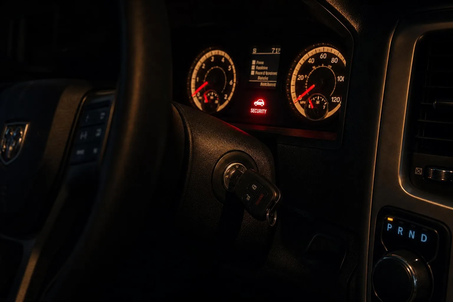 Chevrolet Silverado dashboard at night with a GM transponder key in the ignition and the red SECURITY warning light glowing on the instrument cluster