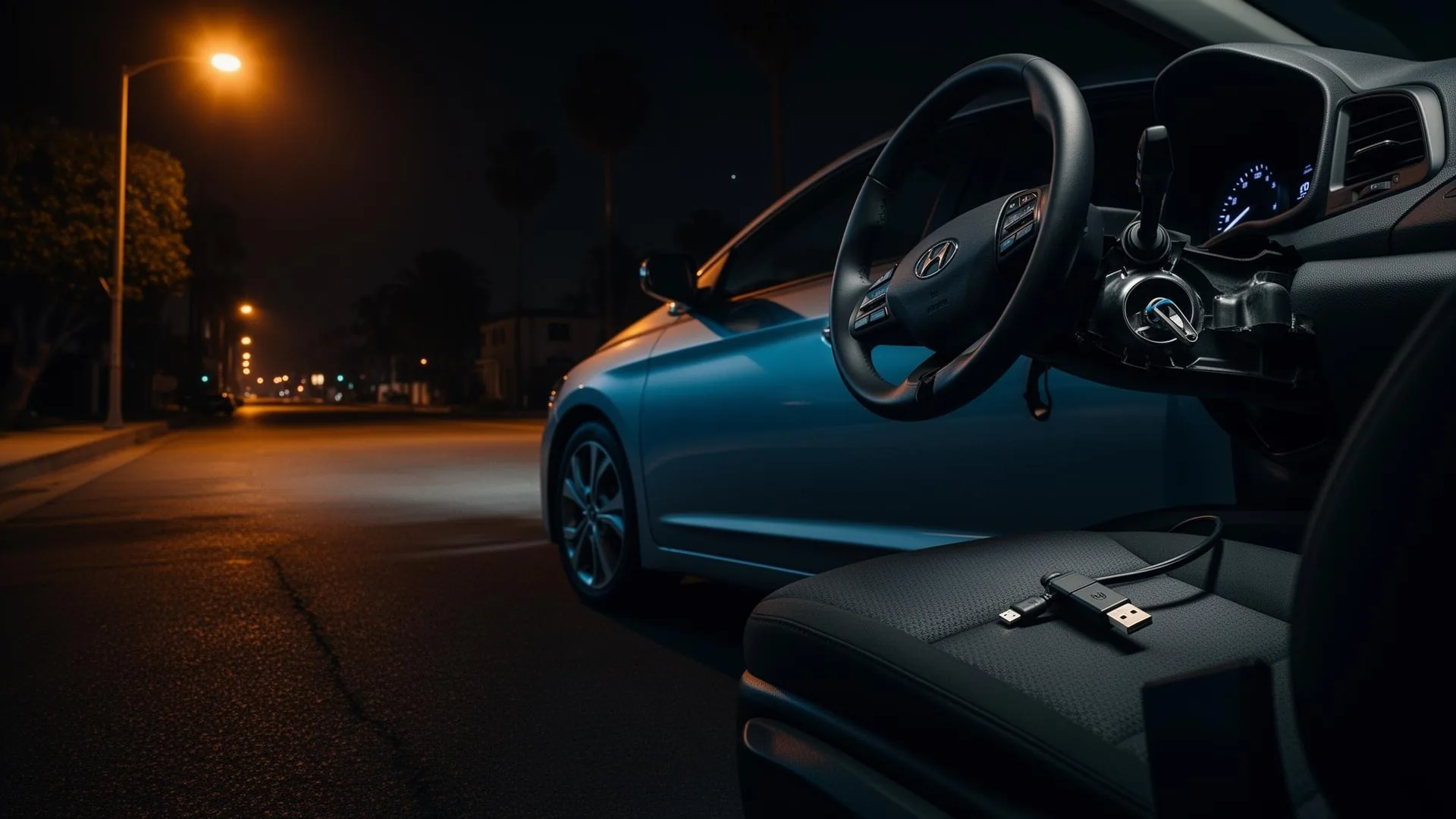 Silver Hyundai Elantra parked on a Los Angeles street at night with the steering column cowling partially removed exposing the ignition cylinder
